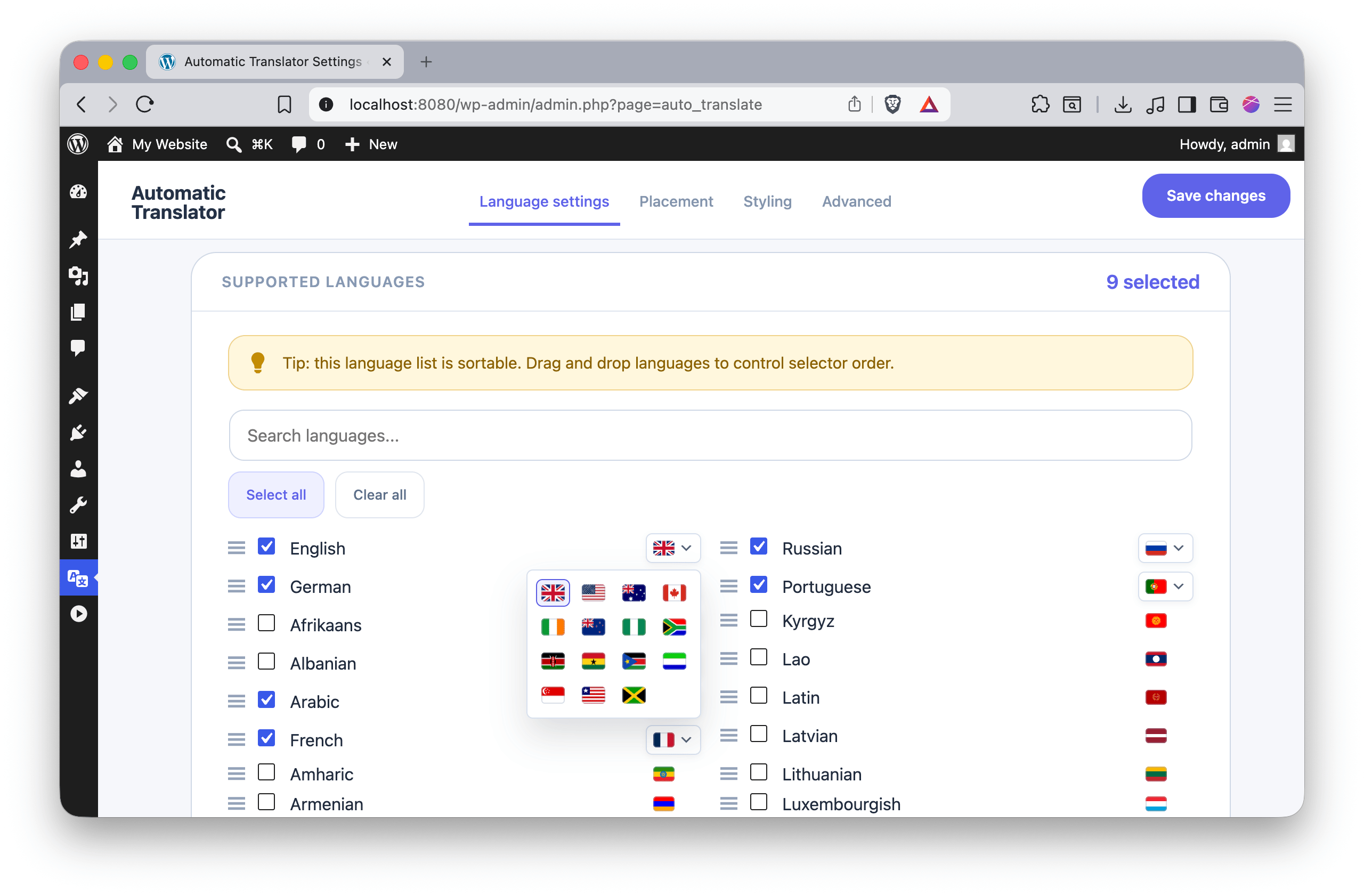 Automatic Translator language settings with selected languages and regional flag choices