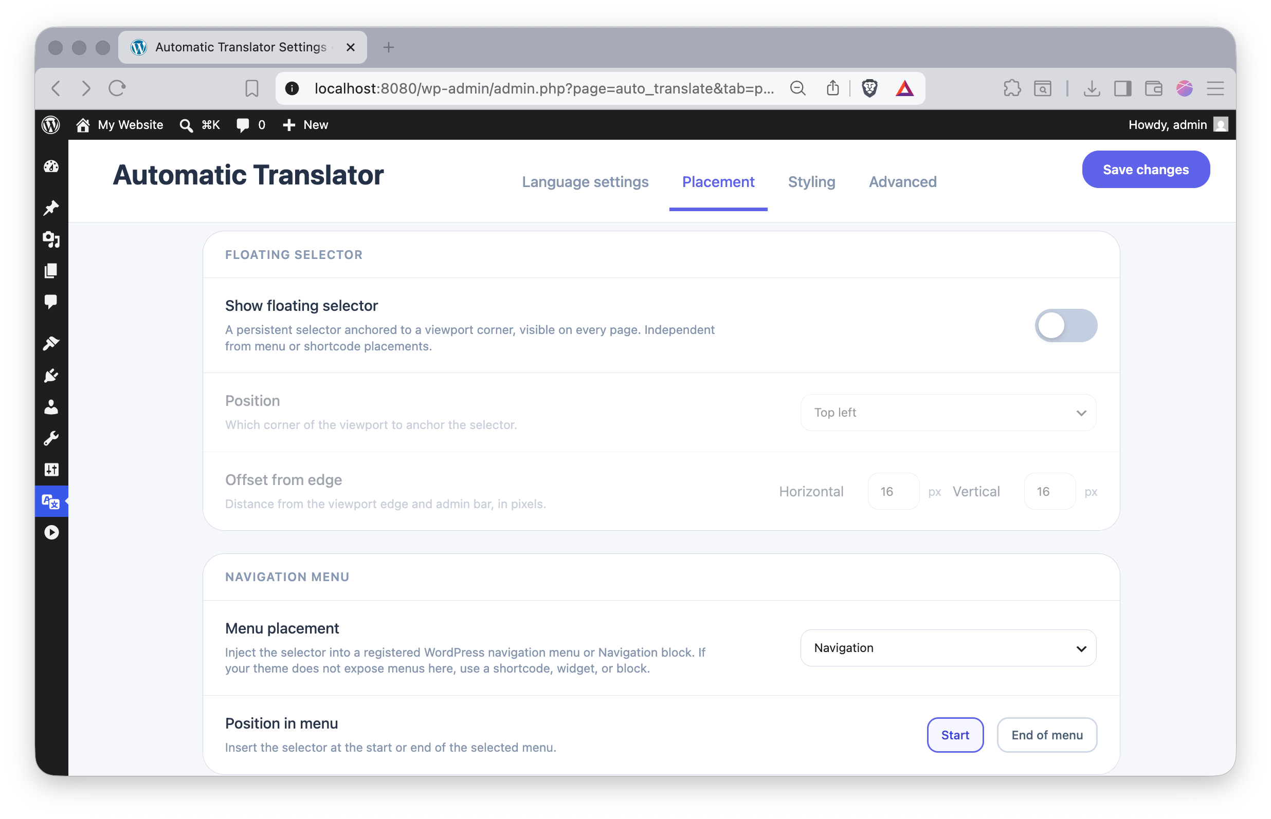 Automatic Translator placement settings for floating and menu placement