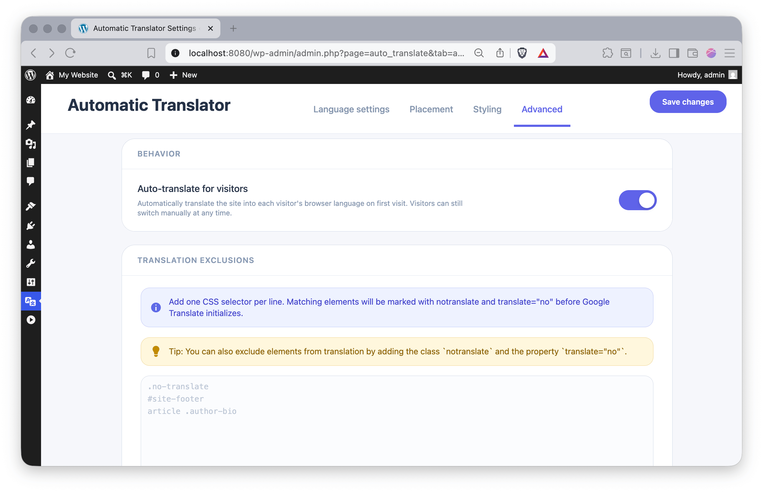 Automatic Translator advanced settings with browser auto-detect and translation exclusions