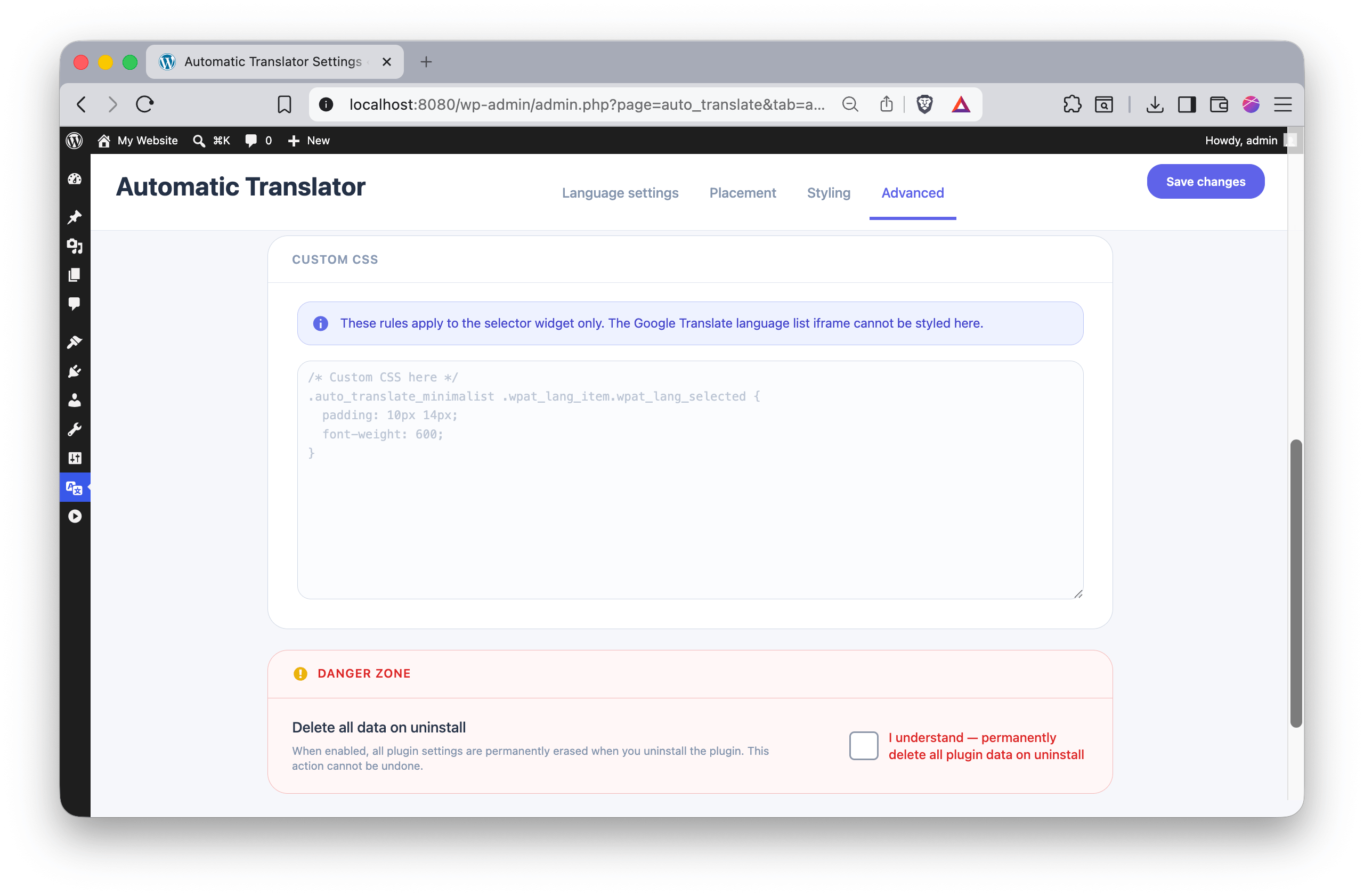 Automatic Translator custom CSS field and uninstall cleanup danger zone