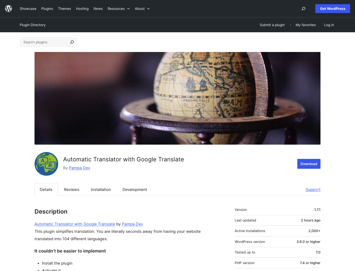Screenshot of the Automatic Translator with Google Translate WordPress plugin page