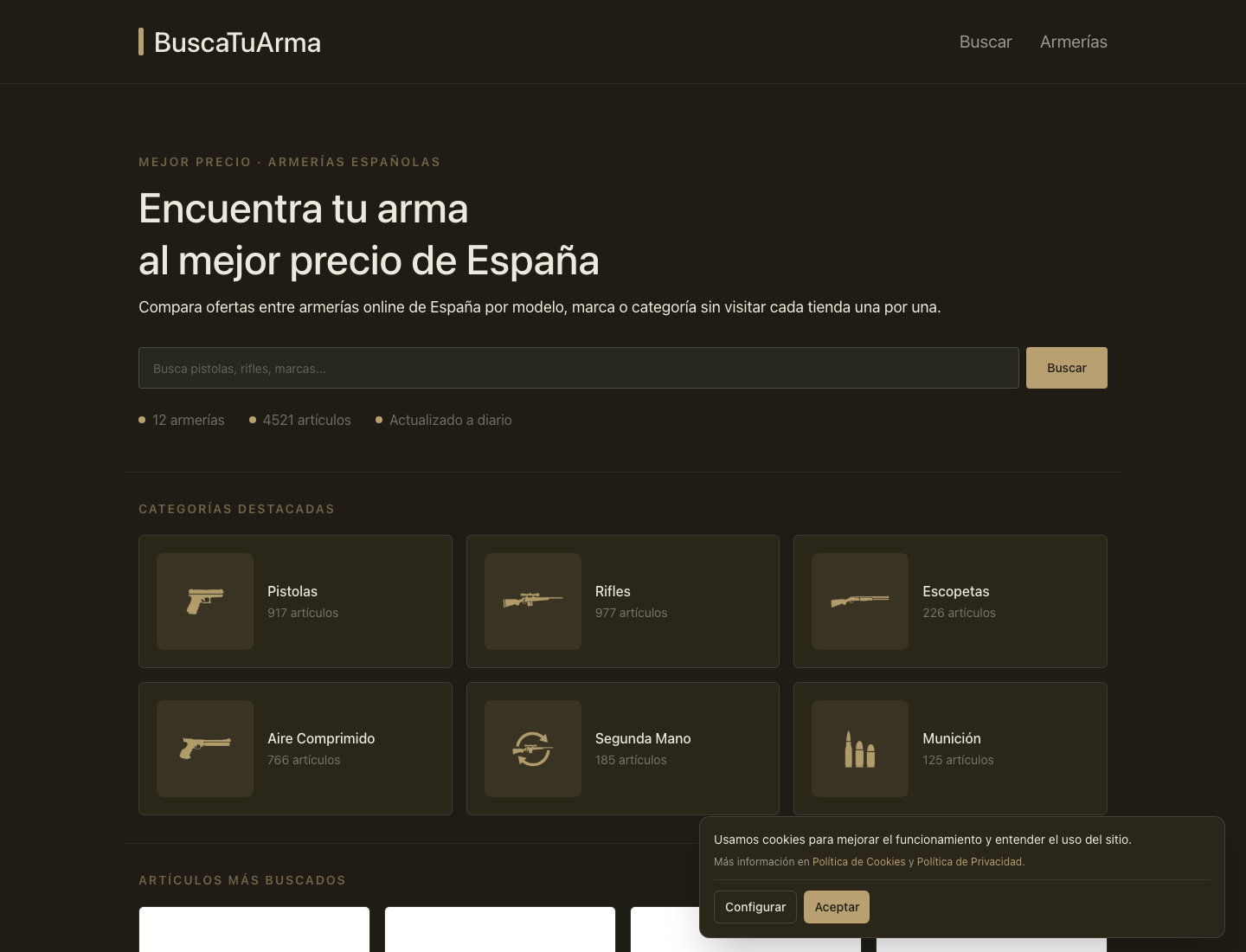 Screenshot of the BuscaTuArma search and comparison website